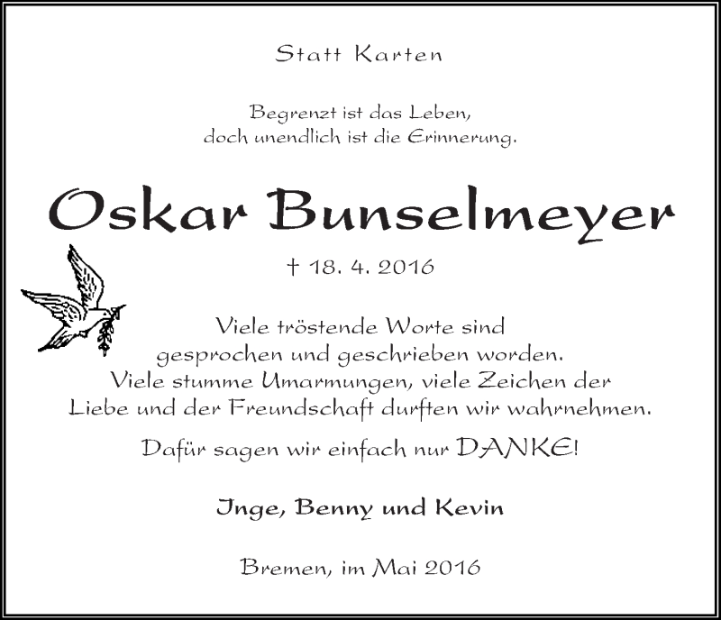 Traueranzeige von Oskar Bunselmeyer von WESER-KURIER