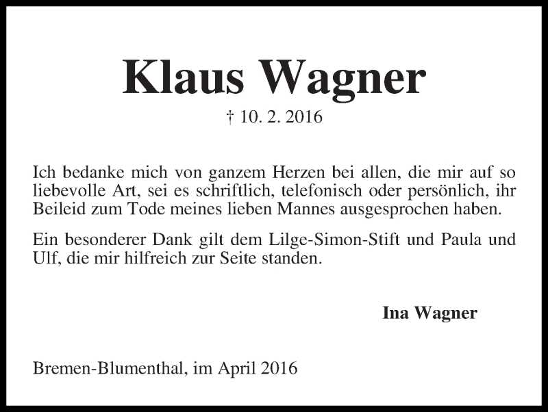 Traueranzeige von Klaus Wagner von Die Norddeutsche