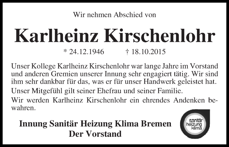 Traueranzeige von Karlheinz Kirschenlohr von WESER-KURIER