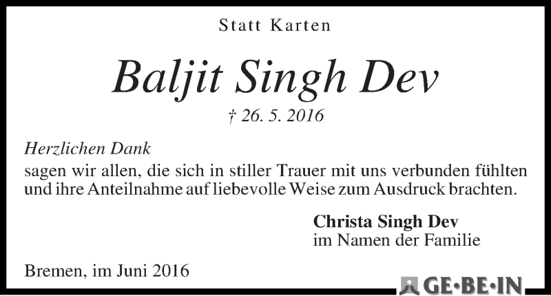 Traueranzeige von Baljit Singh Dev von WESER-KURIER