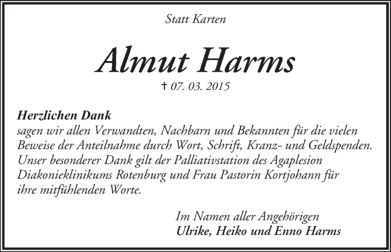 Traueranzeige von Almut Harms von Achimer Kurier/Verdener Nachrichten