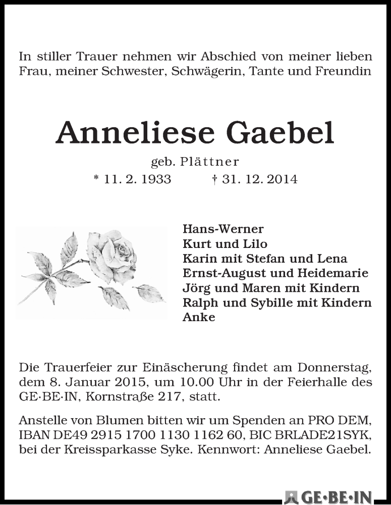 Traueranzeige von Anneliese Gaebel von WESER-KURIER