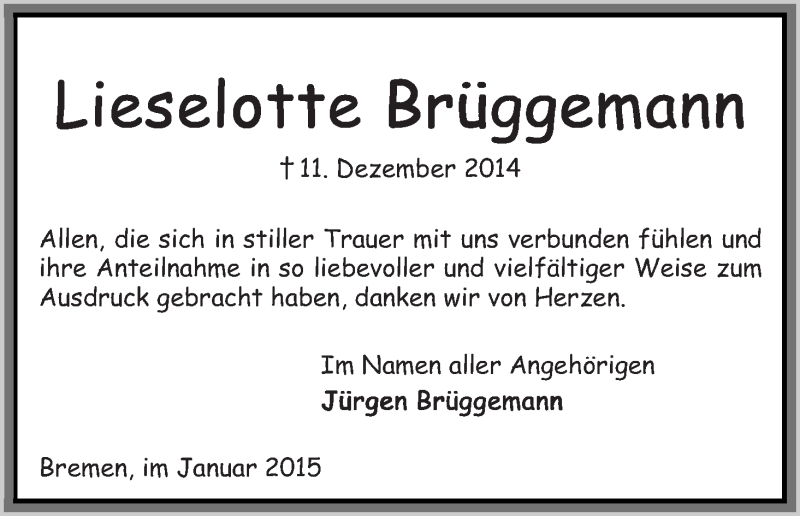 Traueranzeige von Lieselotte Brüggemann von WESER-KURIER