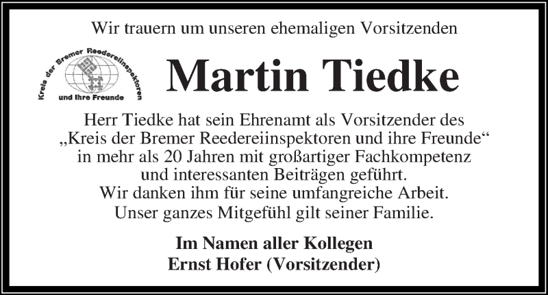 Traueranzeige von Martin Tiedke von WESER-KURIER