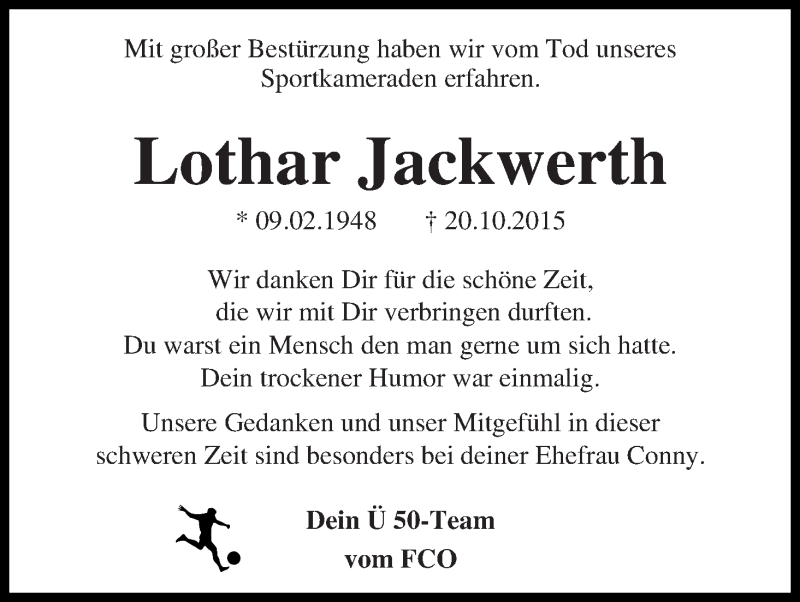 Traueranzeige von Lothar Jackwerth von WESER-KURIER