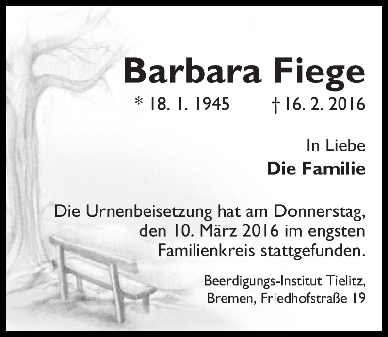 Traueranzeige von Barbara Fiege von WESER-KURIER
