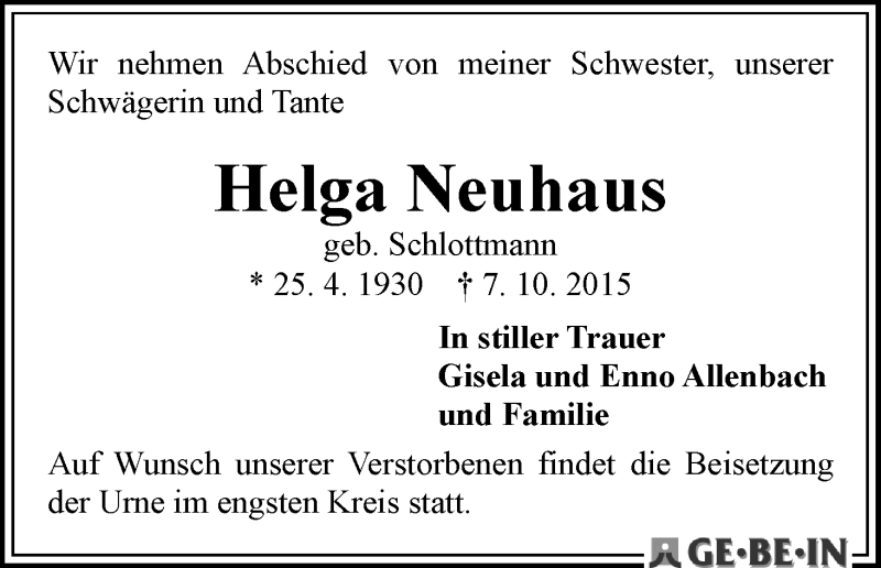 Traueranzeige von Helga Neuhaus von WESER-KURIER