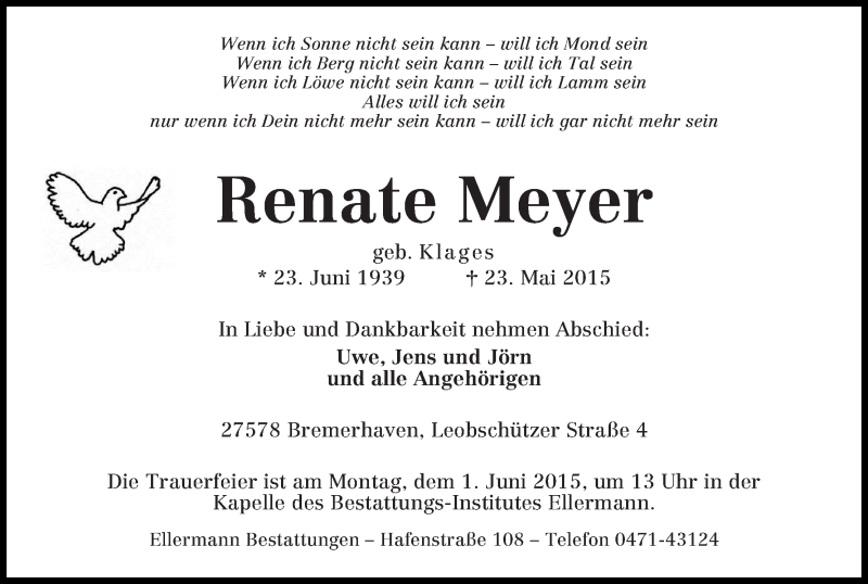 Traueranzeige von Renate Meyer von Die Norddeutsche