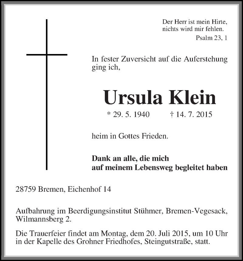 Traueranzeige von Ursula Klein von Die Norddeutsche
