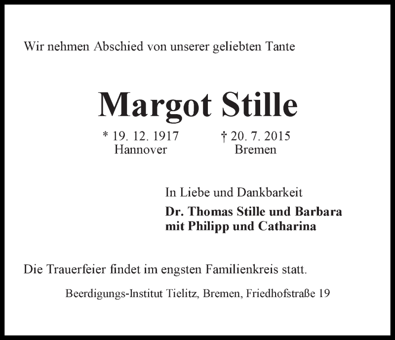 Traueranzeige von Margot Stille von WESER-KURIER