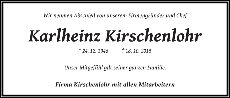 Traueranzeige von Karlheinz Kirschenlohr von WESER-KURIER