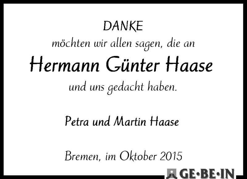 Traueranzeige von Hermann Günter Haase von WESER-KURIER