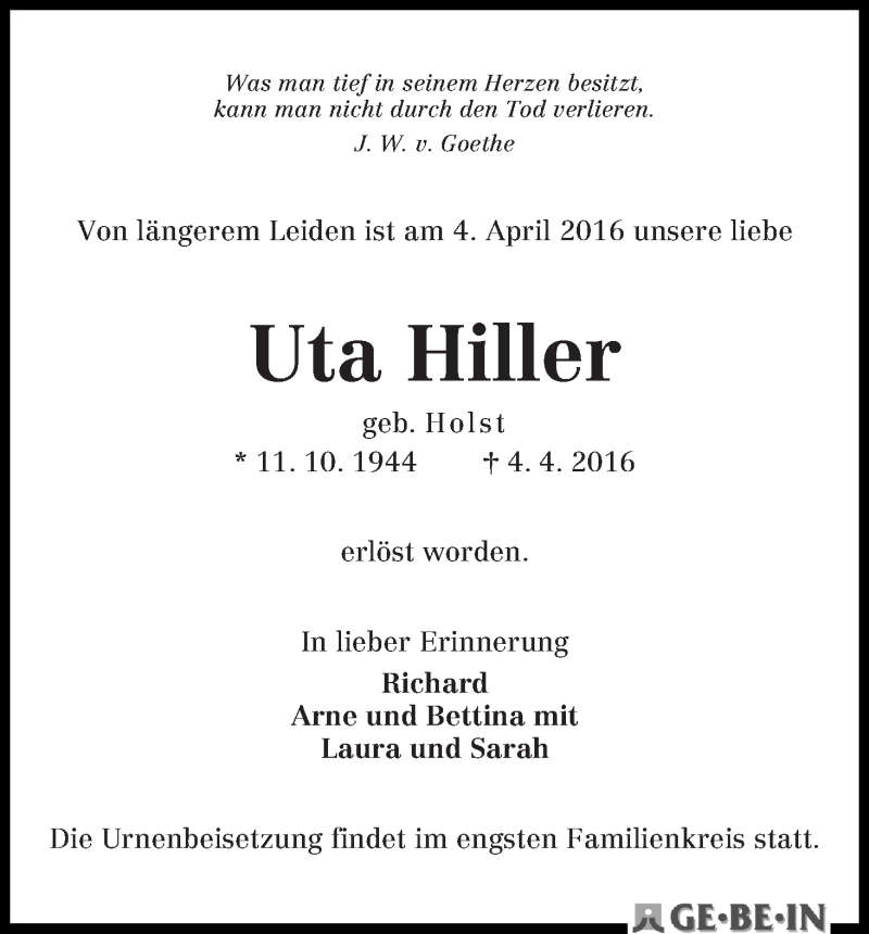 Traueranzeige von Uta Hiller von WESER-KURIER