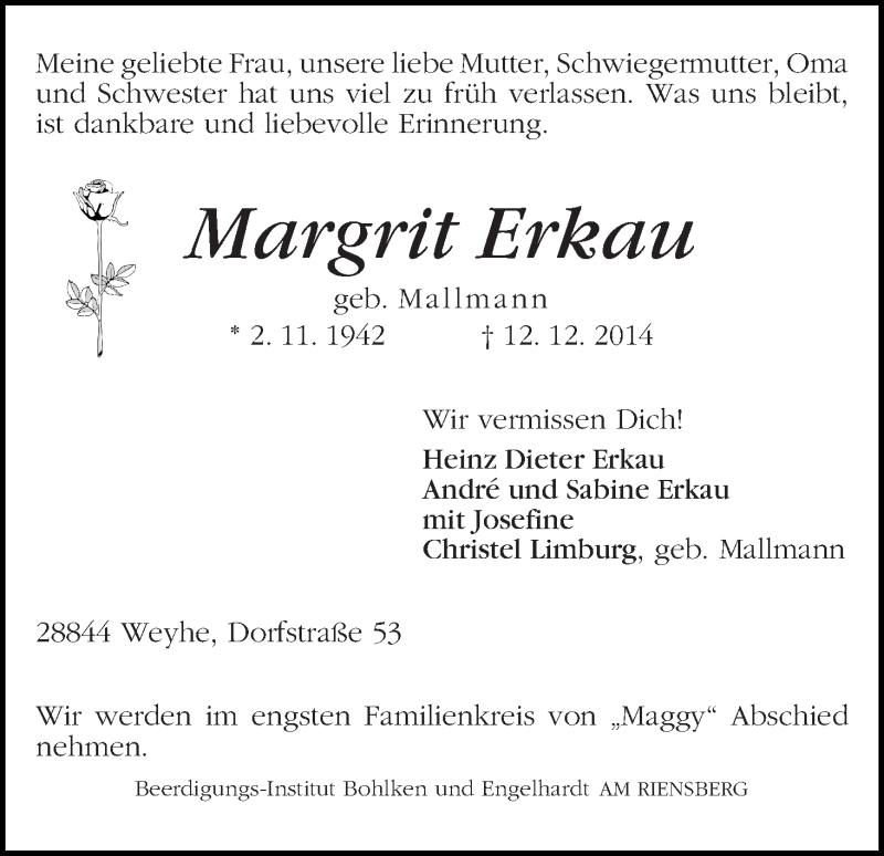 Traueranzeige von Margrit Erkau von WESER-KURIER