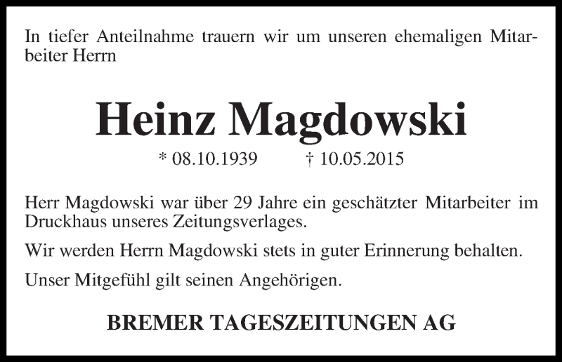 Traueranzeige von Heinz Magdowski von WESER-KURIER