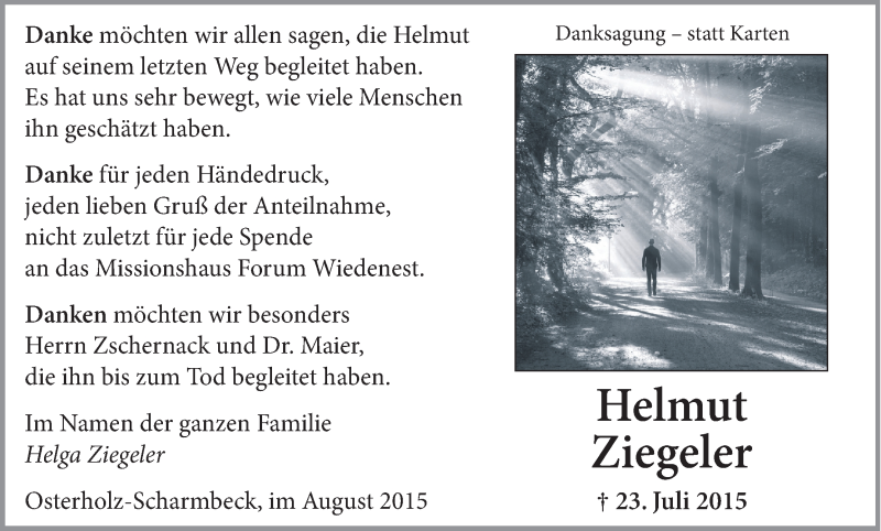 Traueranzeige von Helmut Ziegeler von Osterholzer Kreisblatt