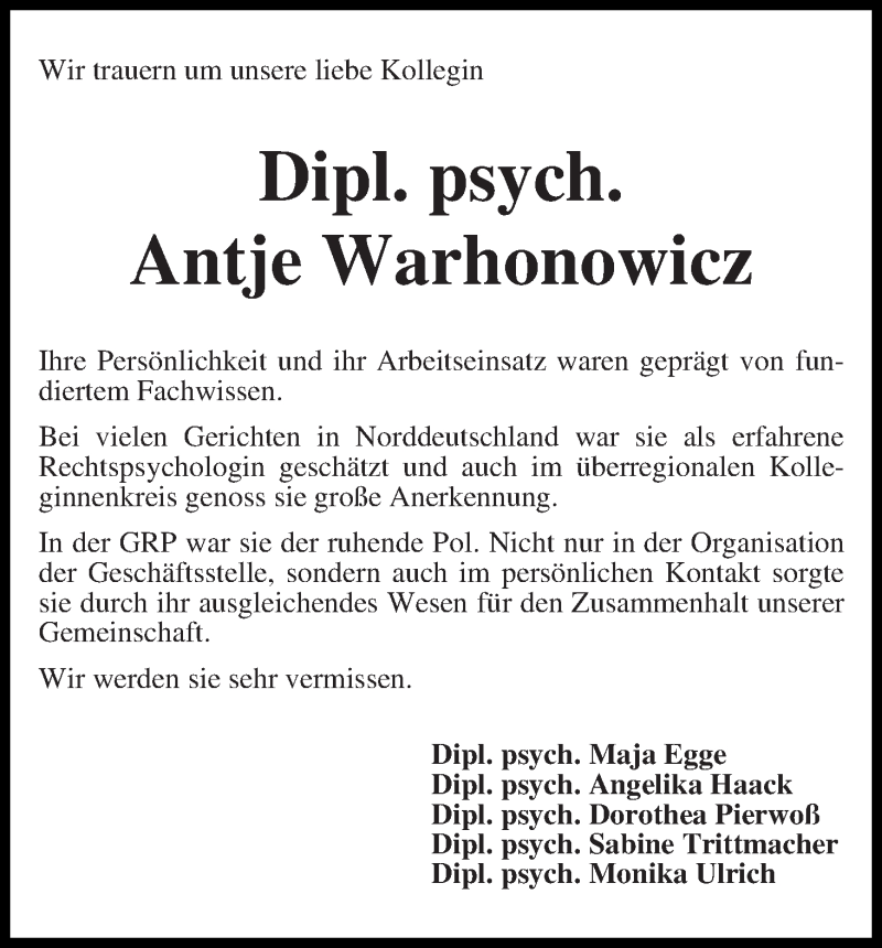 Traueranzeige von Antje Warhonowicz von WESER-KURIER