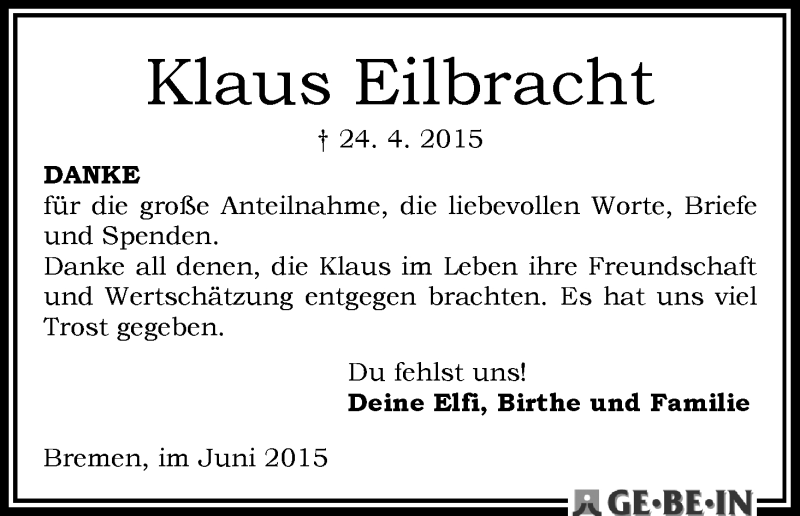 Traueranzeige von Klaus Eilbracht von WESER-KURIER