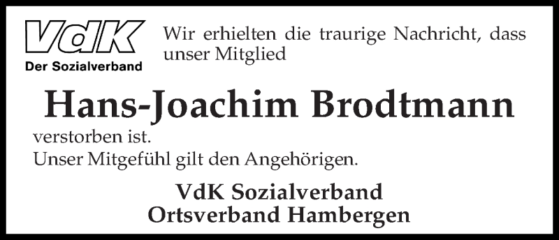 Traueranzeige von Hans-Joachim Brodtmann von Osterholzer Kreisblatt