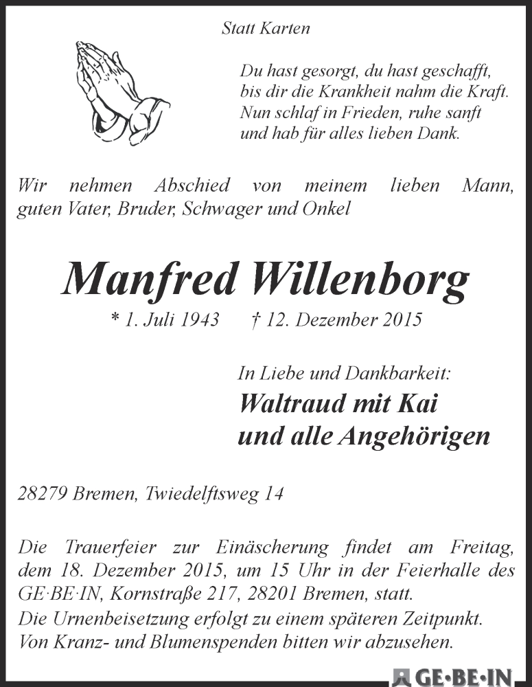 Traueranzeige von Manfred Willenberg von WESER-KURIER