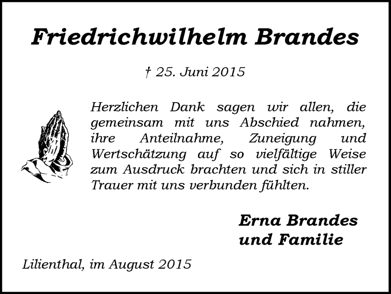 Traueranzeige von Friedrichwilhelm Brandes von Wuemme Zeitung