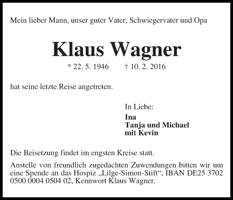 Traueranzeige von Klaus Wagner von Die Norddeutsche