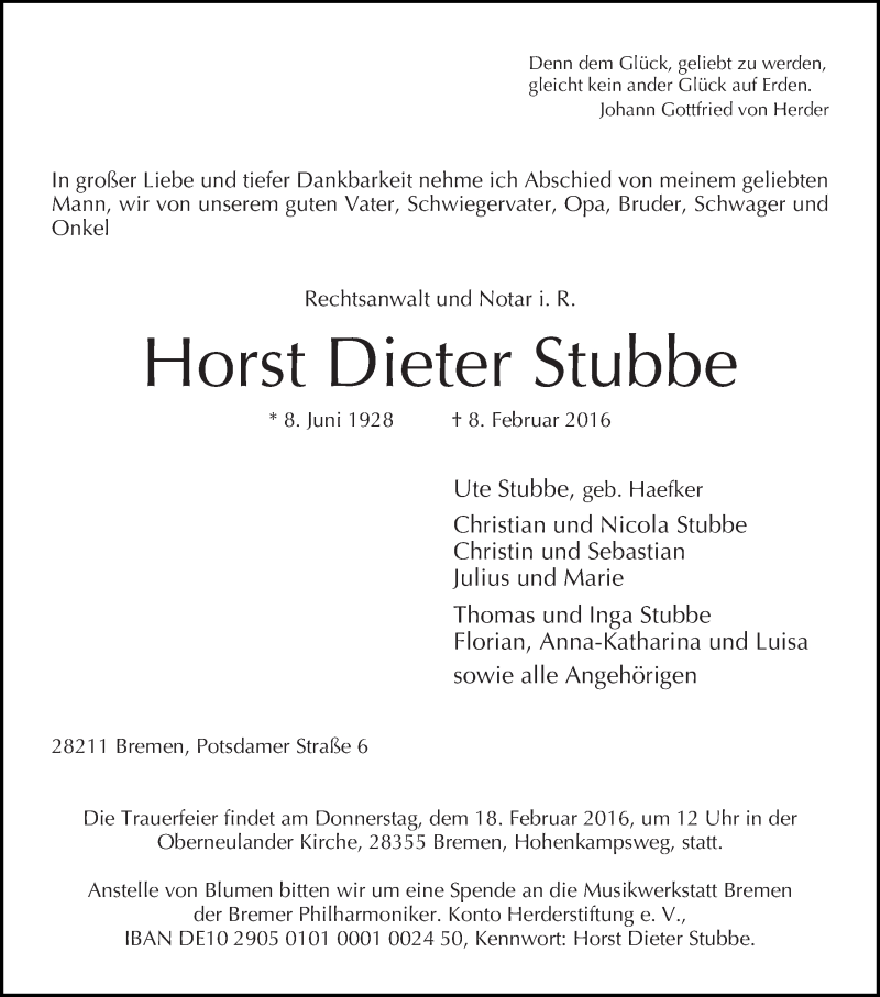 Traueranzeige von Horst Dieter Stubbe von WESER-KURIER
