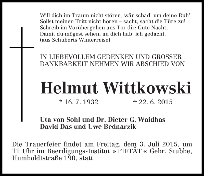 Traueranzeige von Helmut Wittkowski von WESER-KURIER
