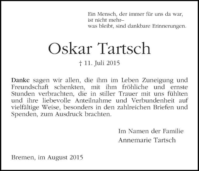 Traueranzeige von Oskar Tartsch von WESER-KURIER
