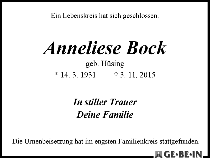 Traueranzeige von Anneliese Bock von WESER-KURIER