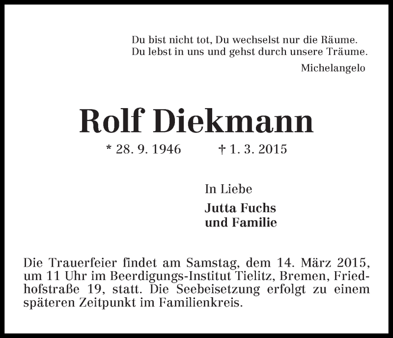 Traueranzeige von Rolf Diekmann von WESER-KURIER