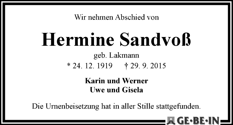 Traueranzeige von Hermine Sandvoß von WESER-KURIER