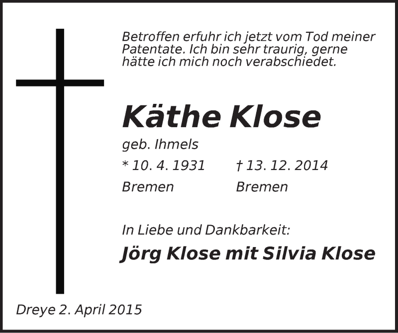 Traueranzeige von Käthe Klose von Die Norddeutsche