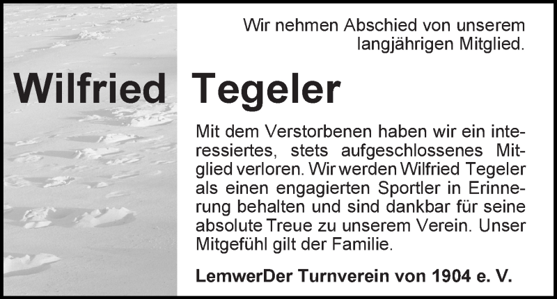 Traueranzeige von Wilfried Tegeler von Die Norddeutsche
