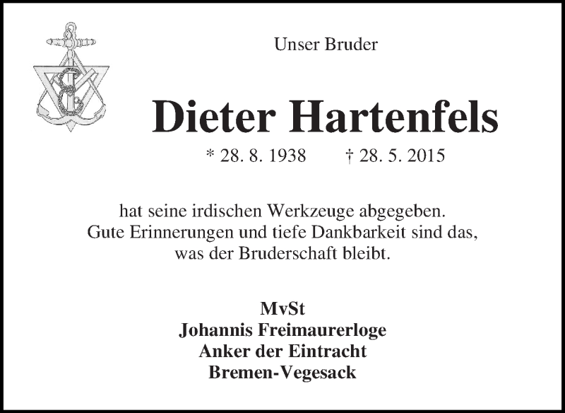 Traueranzeige von Dieter Hartenfels von WESER-KURIER