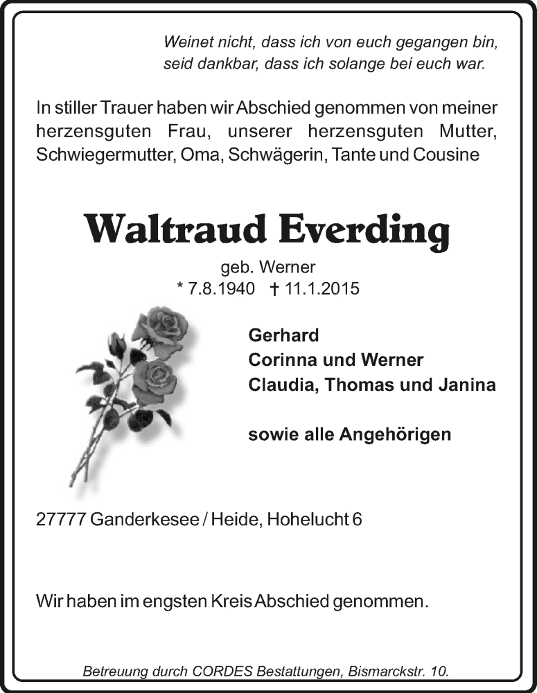 Traueranzeige von Waltraud Everding von WESER-KURIER