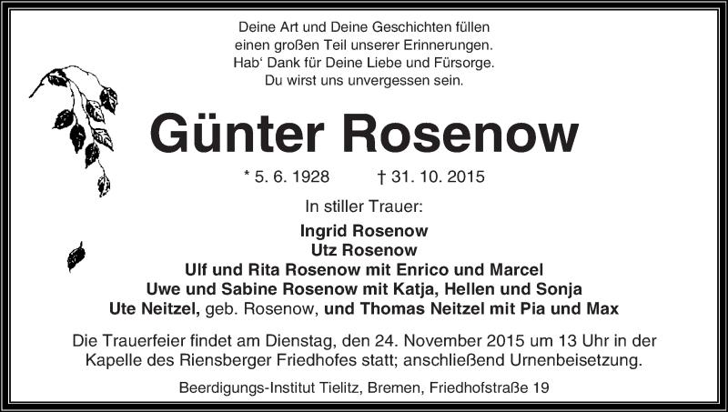 Traueranzeige von Günter Rosenow von WESER-KURIER
