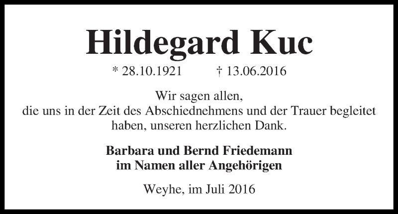 Traueranzeige von Hildegard Kuc von WESER-KURIER