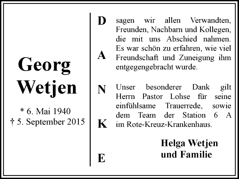 Traueranzeige von Georg Wetjen von WESER-KURIER