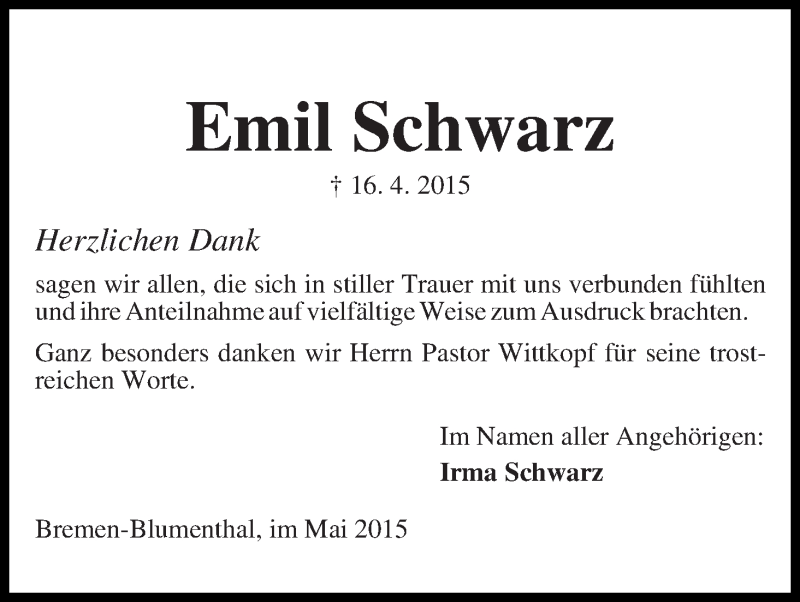 Traueranzeige von Emil Schwarz von Die Norddeutsche