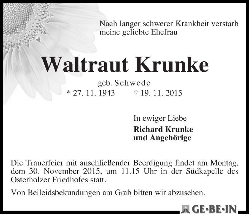 Traueranzeige von Waltraut Krunke von WESER-KURIER