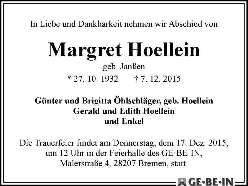 Traueranzeige von Margret Hoellein von WESER-KURIER