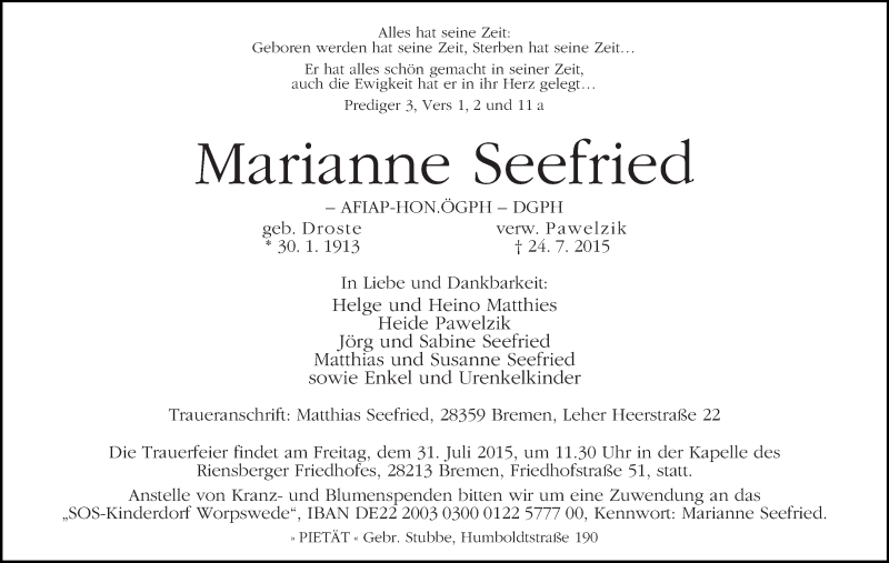 Traueranzeige von Marianne Seefried von WESER-KURIER