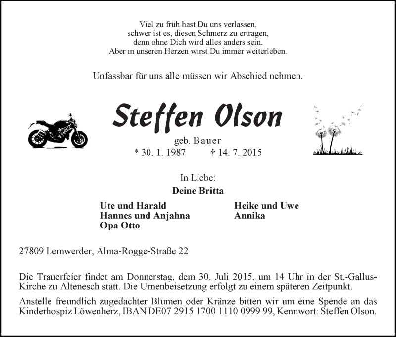 Traueranzeige von Steffen Olson von Die Norddeutsche
