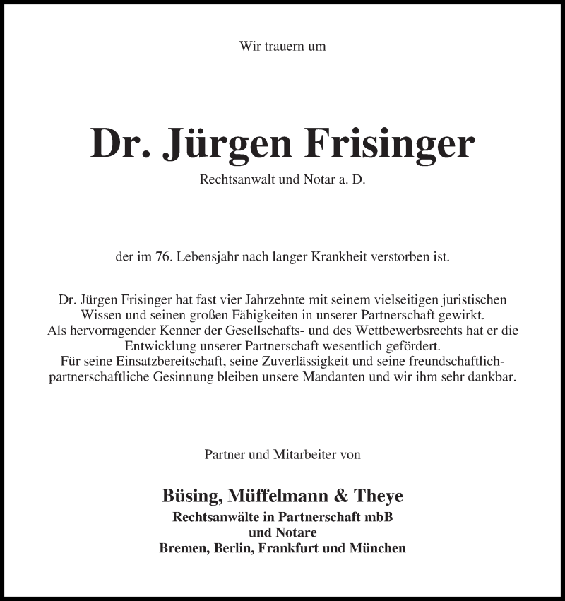 Traueranzeige von Jürgen Frisinger von WESER-KURIER
