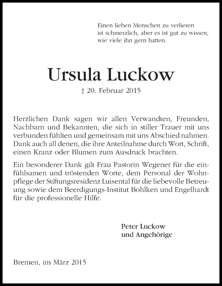 Traueranzeige von Ursula Luckow von WESER-KURIER