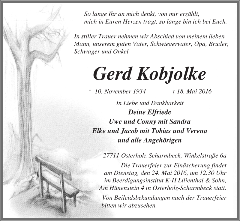 Traueranzeige von Gerd Kobjolke von Osterholzer Kreisblatt