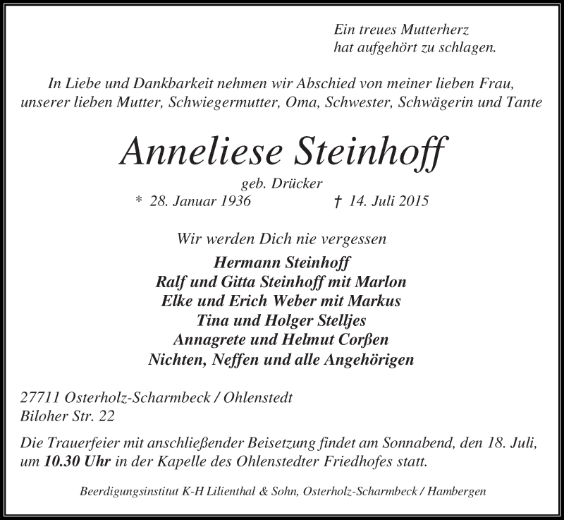 Traueranzeige von Anneliese Steinhoff von Osterholzer Kreisblatt
