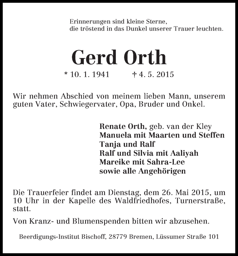 Traueranzeige von Gerd Orth von Die Norddeutsche