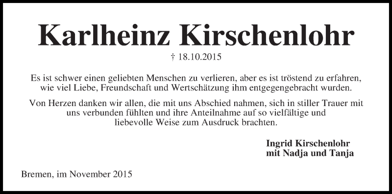 Traueranzeige von Karlheinz Kirschenlohr von WESER-KURIER
